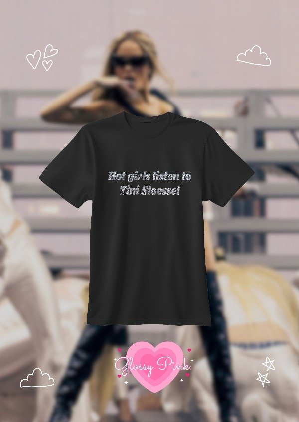 Producto - Remera Hot Girls Listen To Tini - VINILO TEXTIL GLITTER PLATEADO