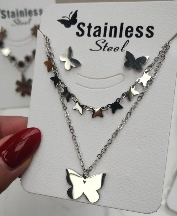 Producto - Collar doble + Aros - Mariposas