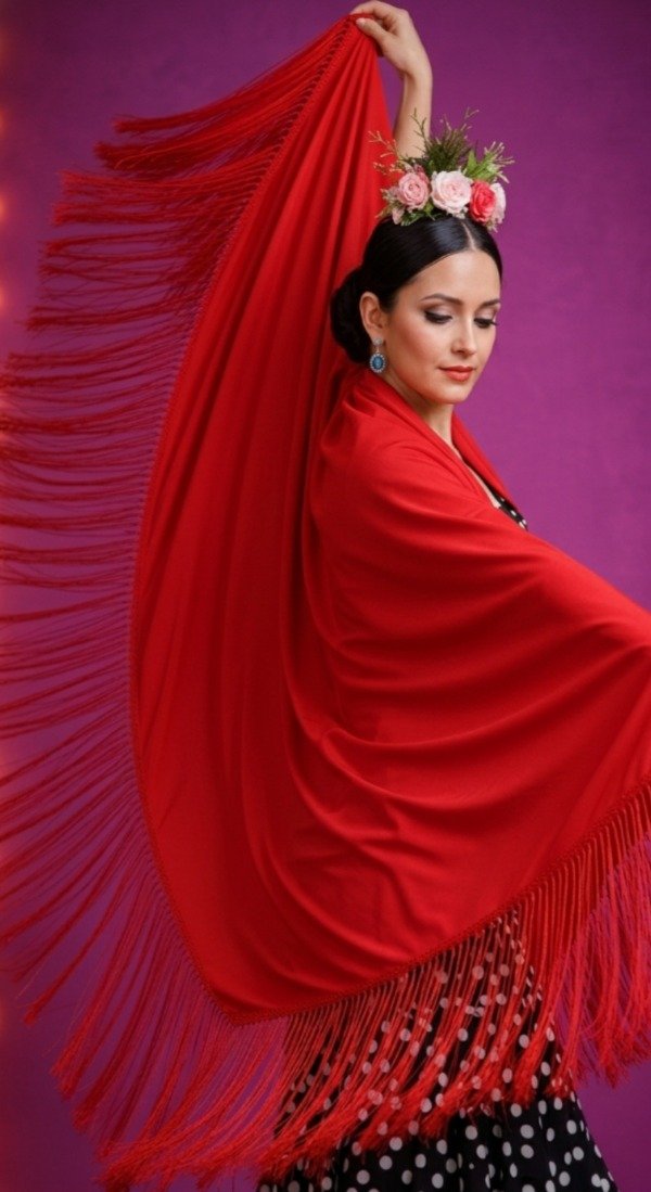 Producto - MANTON ROJO ARTESANAL JERSEY Y FLECOS DE SEDA 150 X 150