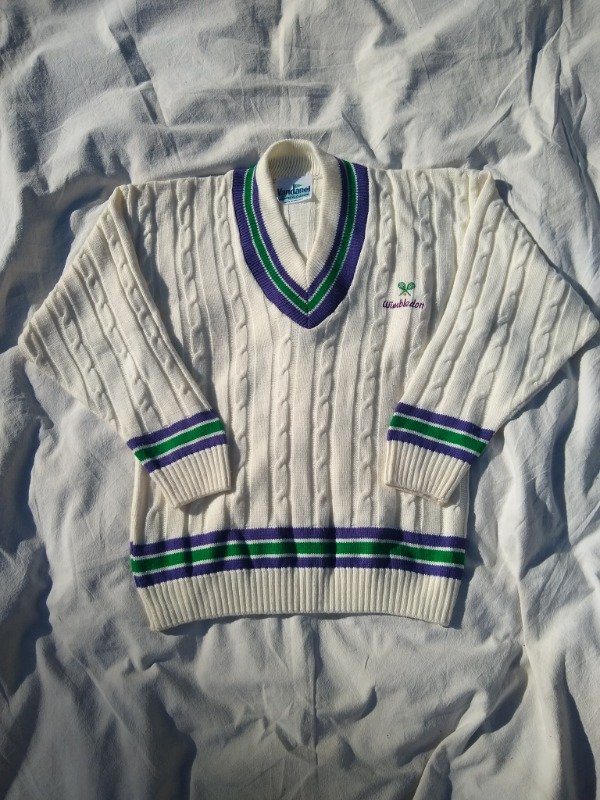 Sweat Vintage Col Rond 1992 Wimbledon Motif Argyle - Blanc, Taille 2XL, Coton, Occasion Très Bon état