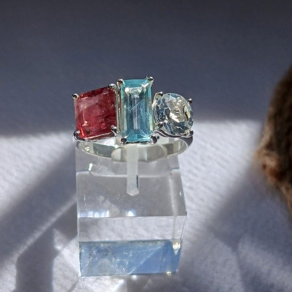 Producto - Anillo Esencia Plata 925 Turmalina Rosada, Aguamarina y Topacio Claro n18,5
