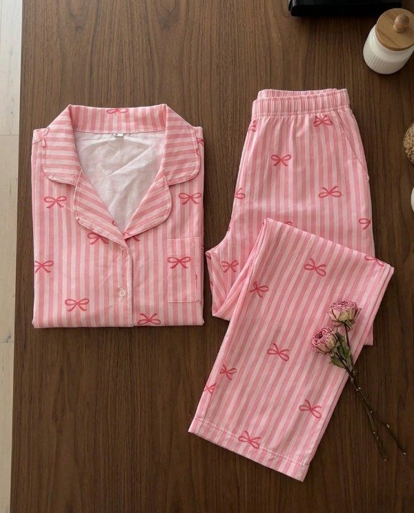 Producto - Pijama camisero largo mangas cortas - Rosa a rayas - 1