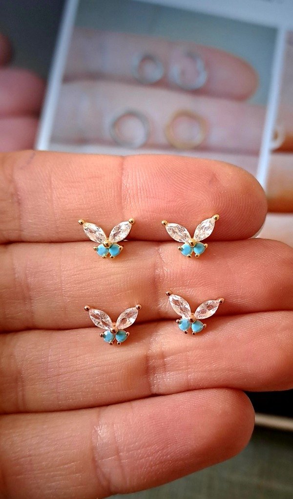 Producto - Aros de Plata Mariposas Cubics Blancos y Turquesas (por par)