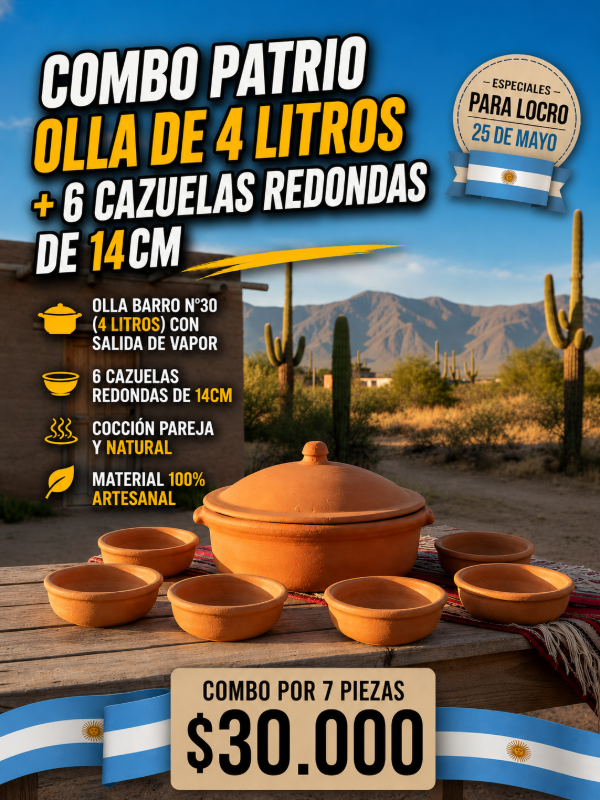 Producto - SET OLLA DE BARRO NATURAL 4lts + 6 CAZUELAS REDONDAS ARTESANALES Apta Fuego