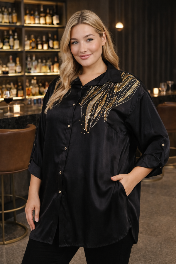 Producto - Maxi Camisas Saten Sedoso Lentejuelas Nueva Temporada -  Negro