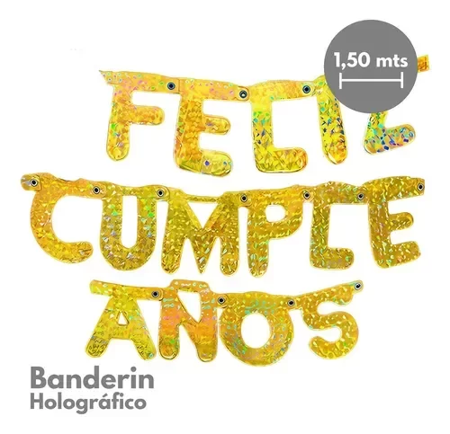 Producto - Banderín feliz cumpleaños holográfico dorado o plateado