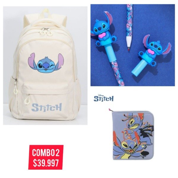 Producto - COMBO 2 . MOCHILA STITCH , CARPETA STITCH YROLLERS BORRABLES CAJITA STITCH