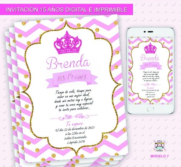 Producto - Invitación 15 años Digital e Imprimible Corona Rosa M7