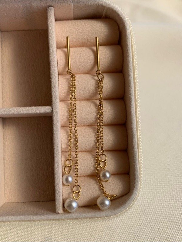 Producto - Aros cadena colgante perla - Acero dorado
