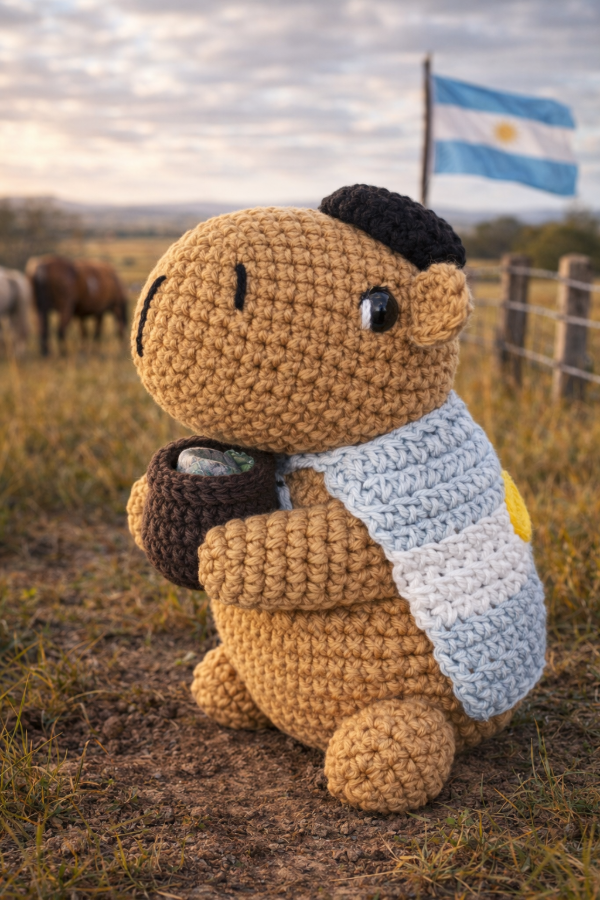 Producto - Amigurumi Carpincho con Bandera Argentina y Mate