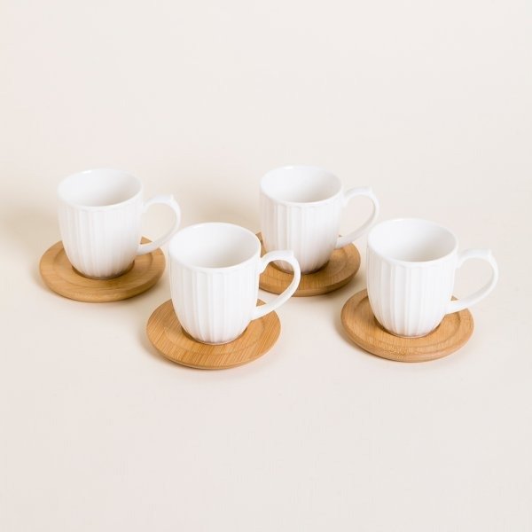 Producto - Set x 4Tazas porcelana c/plato bamboo