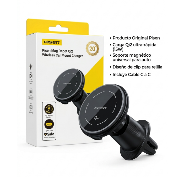 Producto - Mag Depot Soporte Magnético de Coche con Carga Inalámbrica Qi2 15W - PISEN