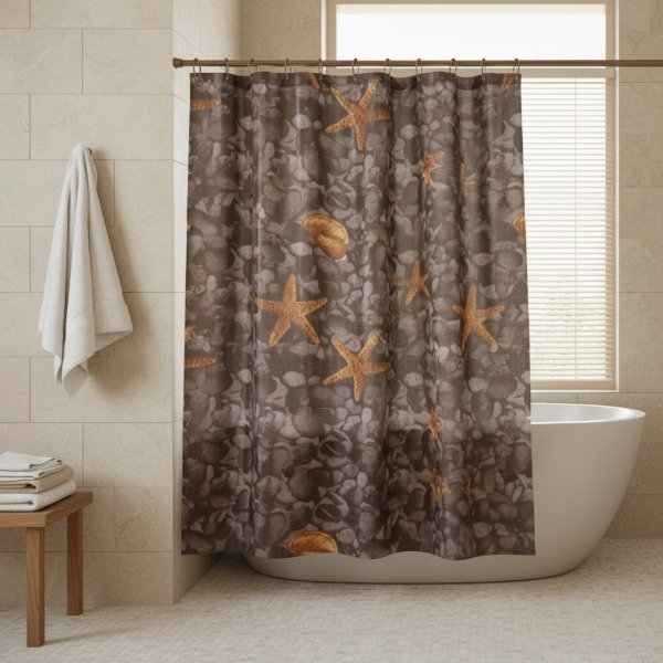 Producto - CORTINA PARA BAÑO DE RASO TEFLONADA ESTAMPA "ESTRELLA DE MAR"