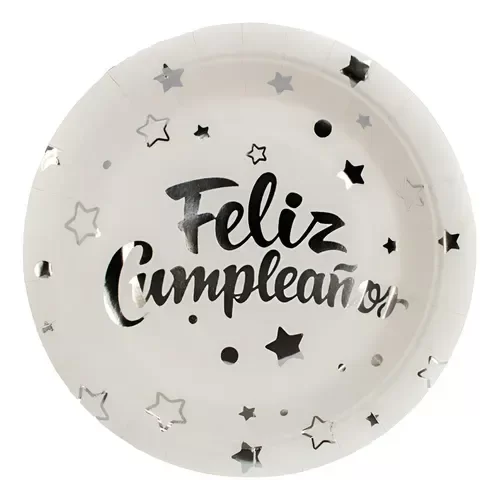 Producto - Plato metalizado impreso FELIZ CUMPLE x10un color blanco letra plateado