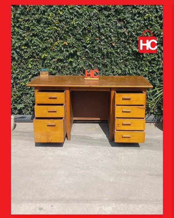 Producto - Gran escritorio de oficina vintage en madera con doble cajonera - 4