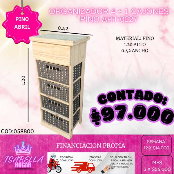 Producto - ORGANIZADOR 4 + 1 CAJONES PINO COD:058800