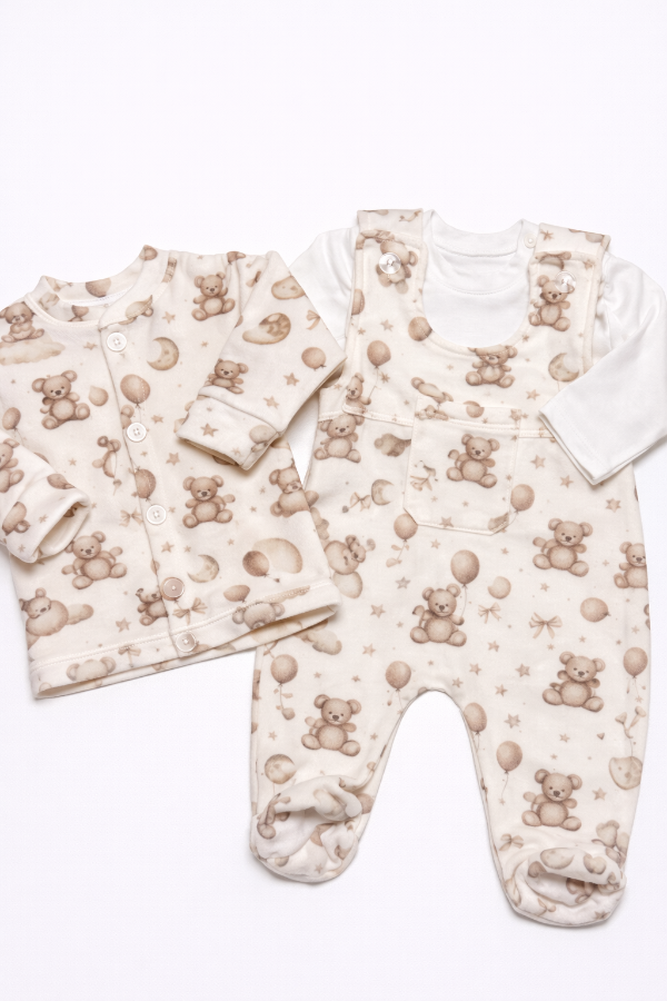 Producto - Trío campera y enterito plush + remera osos beige