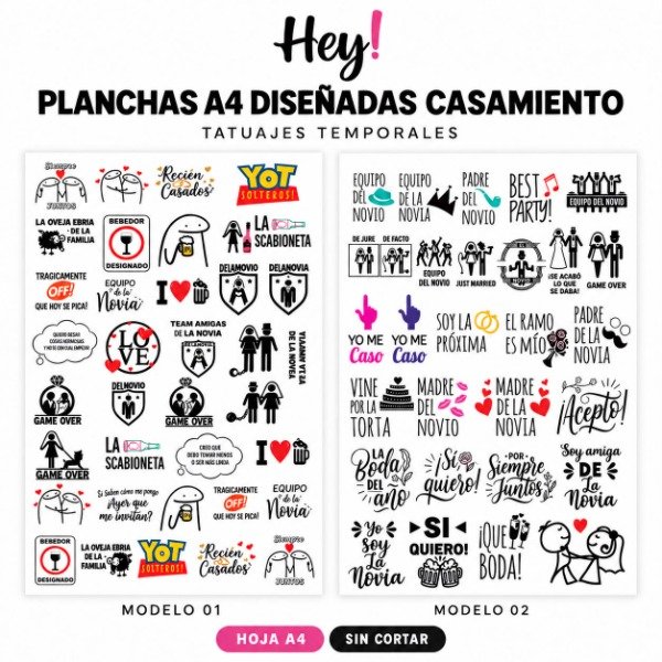 Producto - Planchas A4 Prediseñadas Casamiento - Tatuajes Temporales - 0