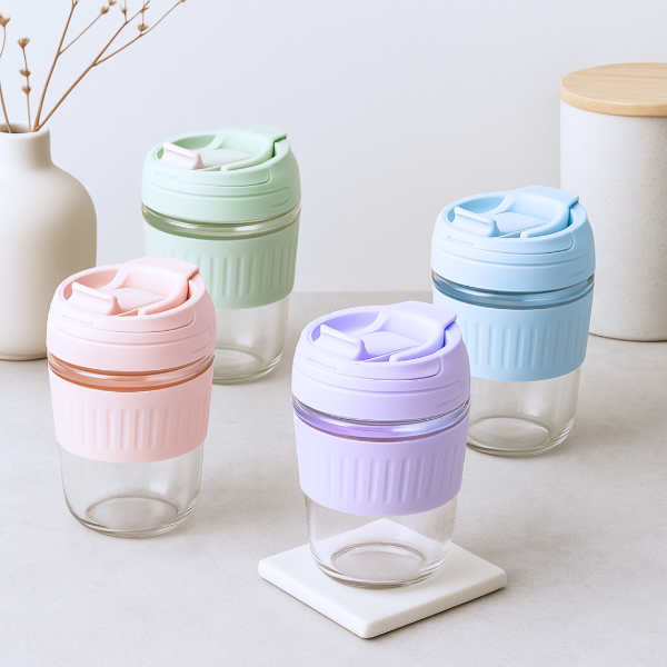 Producto - VASO DE VIDRIO CON PICO, BANDA Y TAPA DE SILICONA 390CC