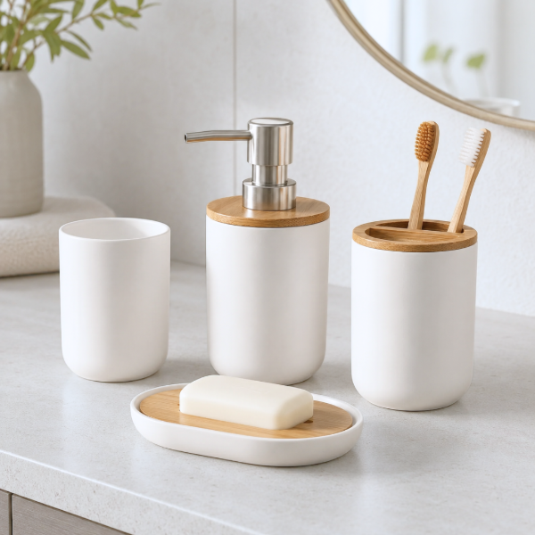 Producto - Set de baño x4 Piezas Pvc y Bambú