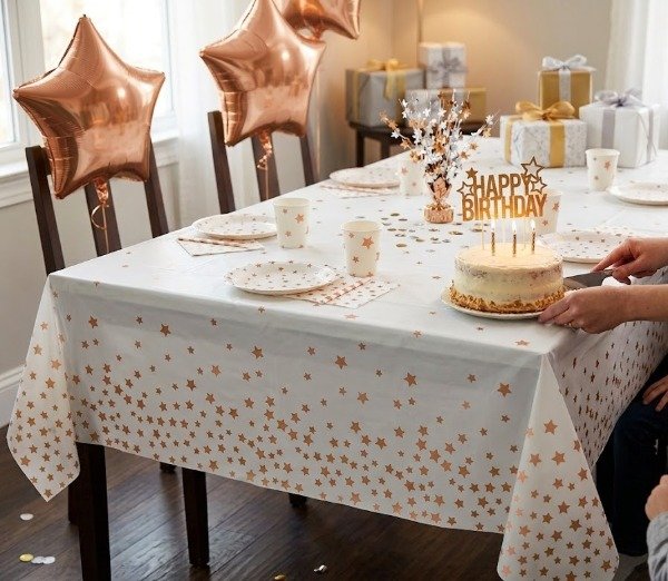 Producto - Mantel Metalizado Descartable Blanco / Estrellas Rosa Gold