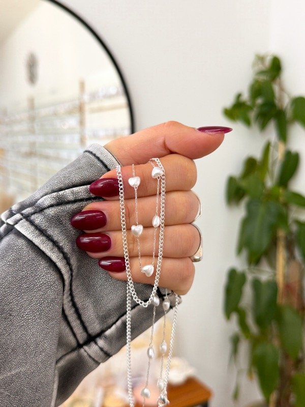 Producto - Cadenita acero blanco doble corazones perlas