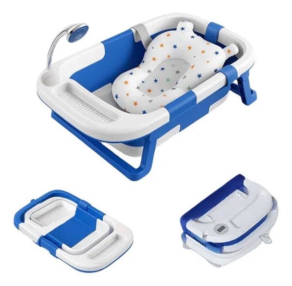 Producto - Bañera plegable para bebé con control de temperatura y red acolchada azul