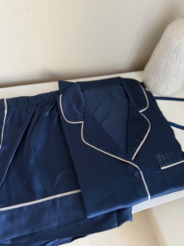Producto - Pijama corto camisero satén azul