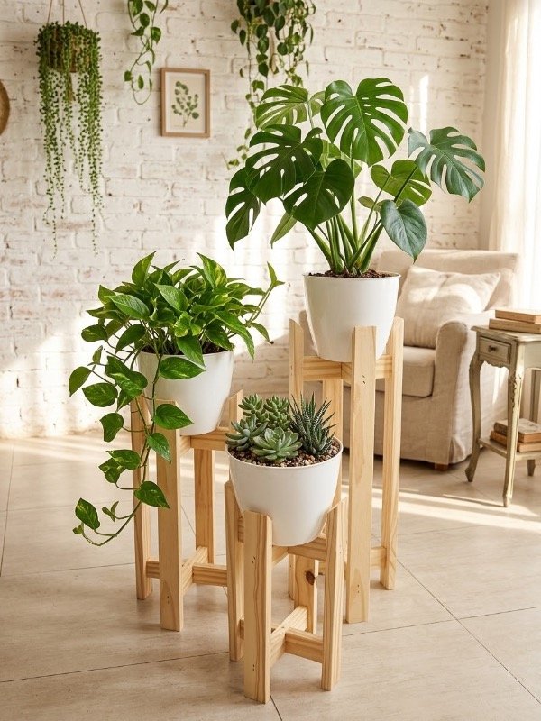 Producto - Pie Porta Maceta Nordico Madera Kit 3 Unidades Con Macetas - 0