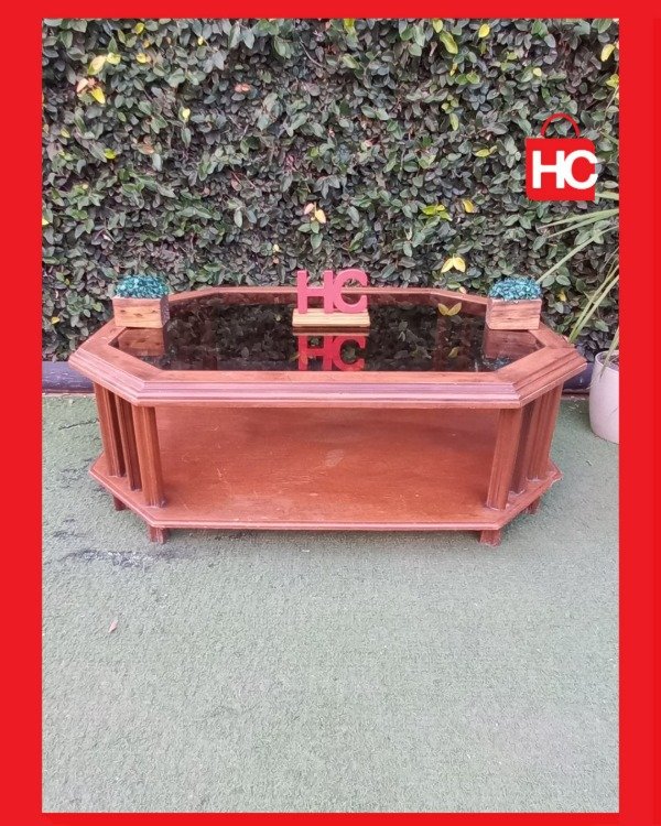 Producto - Mesa ratona octogonal de madera maciza con tapa de cristal y revistero