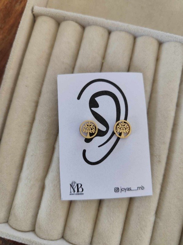 Producto - Aros árbol de la vida redondo. Acero dorado.