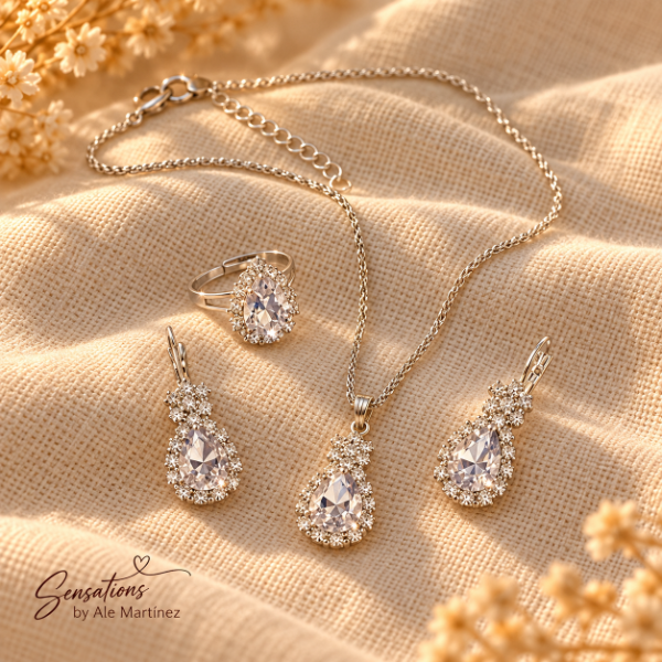 Producto - Conjunto Aros y Cadena Plateada con Strass Gota