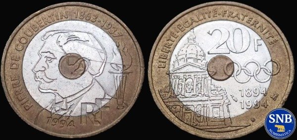 Producto - Francia - 20 Francos (1994) - Pierre de Coubertin. KM #1036 - Trimetálica