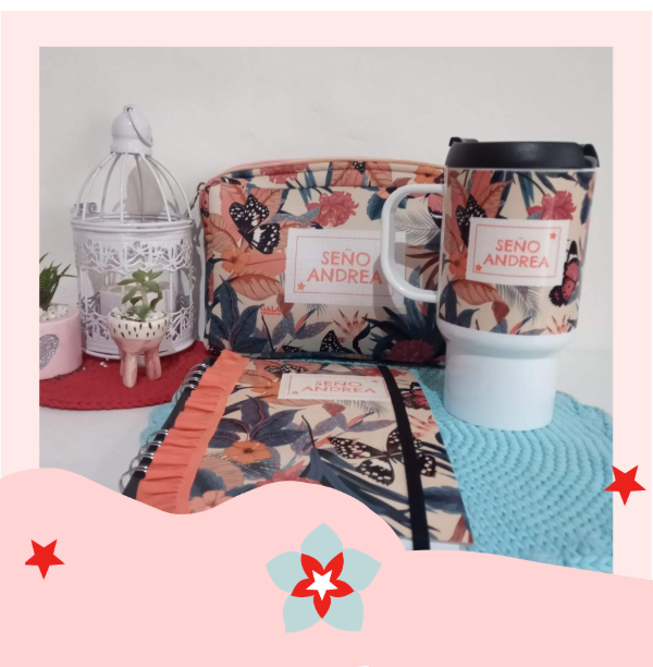 Producto - Jarro hermético+ Cuaderno a5 tapa dura + Portacosméticos con fuelle15x21x6