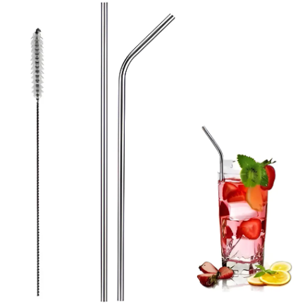 Producto - Sorbetes de Metal Pajita Reutilizable 2u Acero Inox Y Cepillo Reutilizar 9572