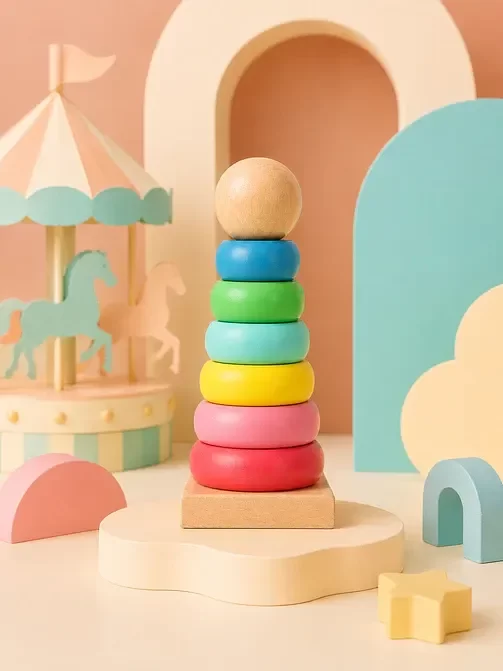 Producto - Torre encastre con forma circular de madera COLORES PASTELES