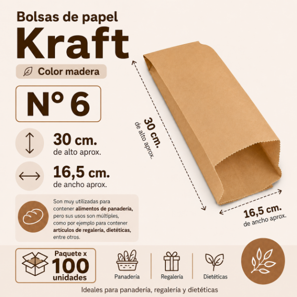 Producto - BOLSA PAPEL KRAFT PARA PANADERÍA N 6 (30x 16,5) X100 uds