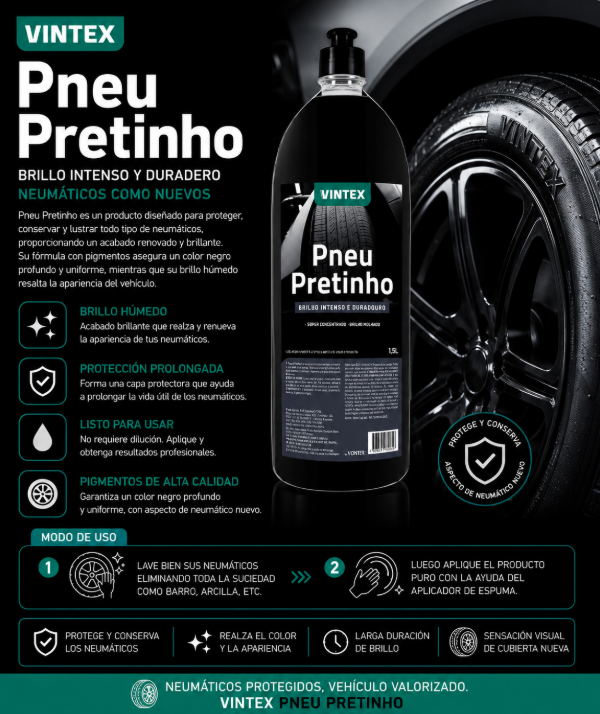 Producto - Vintex Pneu Pretinho 1.5L Renovador de Neumáticos Brillo Húmedo