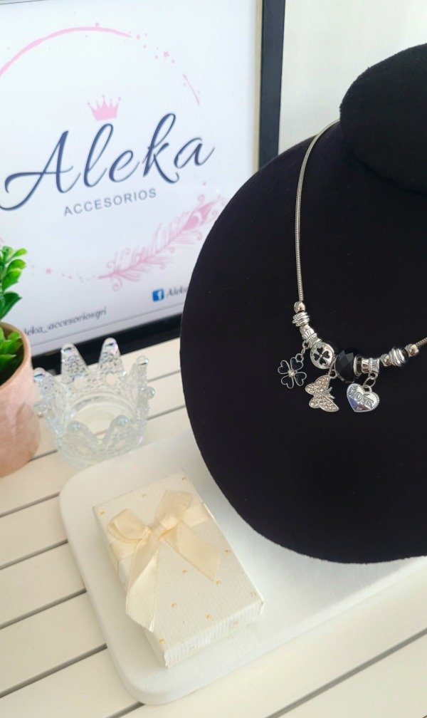 Producto - Collar simil pandora charms mariposa con strass de acero quirúrgico