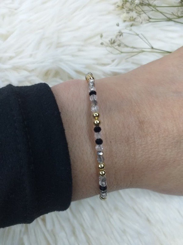 Producto - ADP0035 Pulsera Microcristal negro con bolita dorado