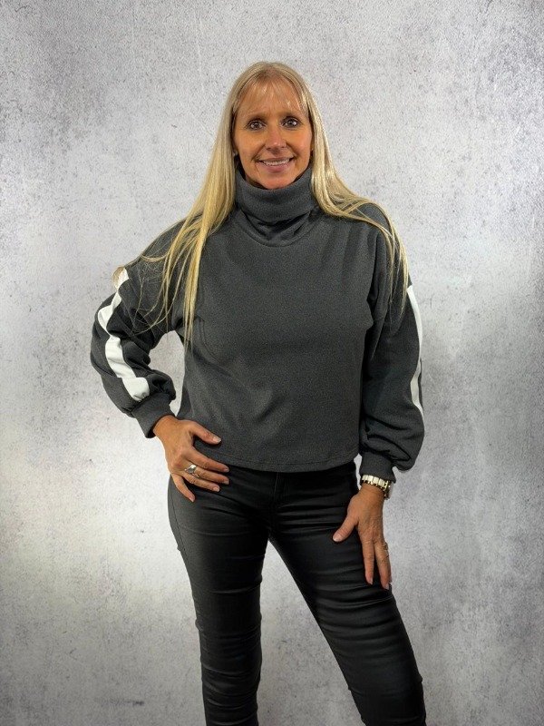 Producto - POLERA AIXA TOPO DARLON MANGA GLOBO CON FRANJA BLANCA