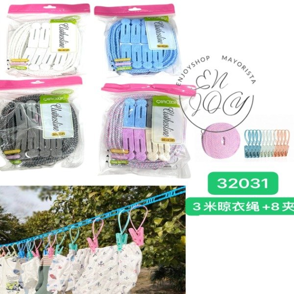 Producto - Cuerda Soga Tender Para Colgar Ropa 3 Metros con 8 broches