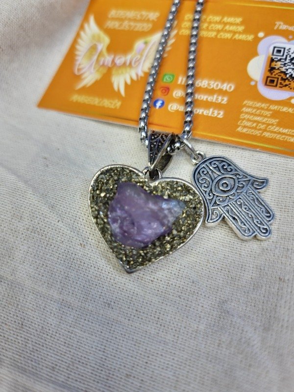 Producto - Collar Corazón Pirita y Amatista con Manito