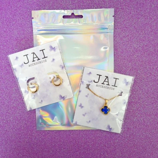 Producto - Set x2 collar trebol azul y argollas lisas