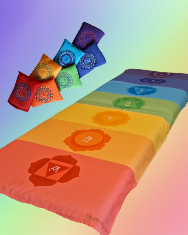Producto - Manta +  Conjunto de Almohadillas rellenas con cuarzo 7 chakras.