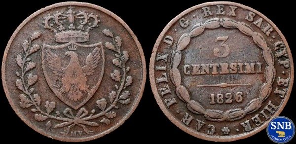 Producto - Reino de Cerdeña - 3 Centésimos (1826 L) KM #126.1