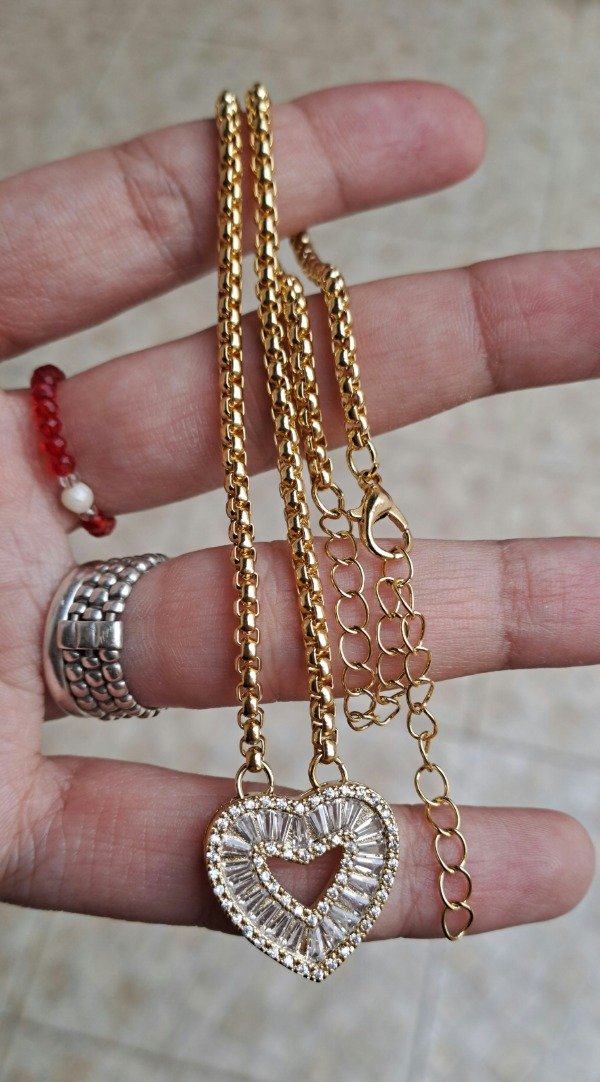 Producto - Collar enchapado en oro 33cm más 10cm de alargue con Dije Corazón Cubics - 1