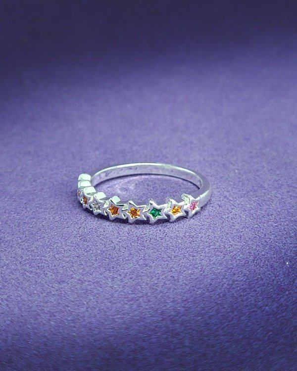 Producto - A 1036 - Anillo de Acero Blanco - Estrellitas cristales colores