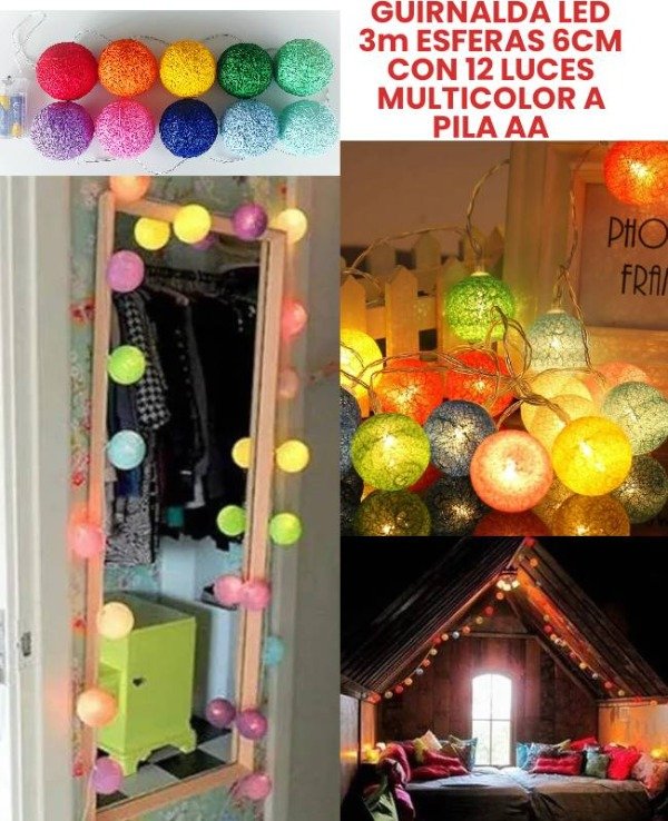 Producto - Guirnalda de 12 esferas de 6cm multicolor led a pila AA 3mts calida