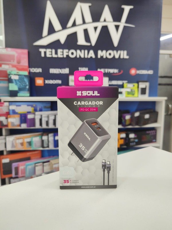 Producto - Cargador Viajero SIlver PD+USB 35W Cable Tipo C a Tipo C Soul CVJ-USBPD35TGR